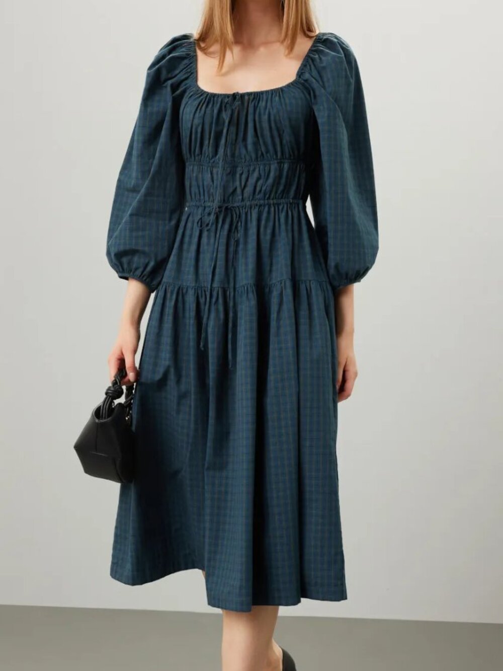 CIAO LUCIA Rochelle Dress Blue Plaid Cotton Midi Tiered Puff Sleeve Cottagecore